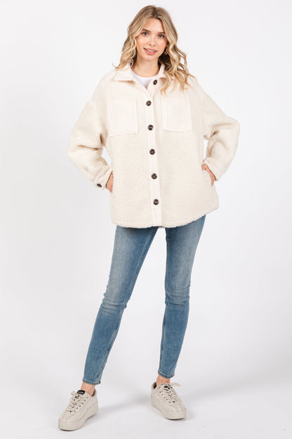 Beige Colorblock Fleece Shirt Jacket