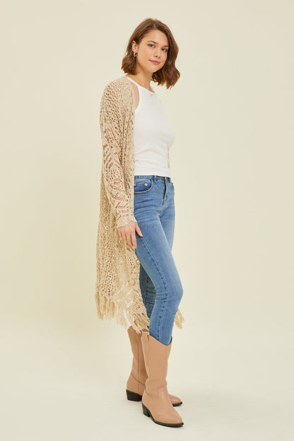 Beige Crochet Fringe Hem Cardigan