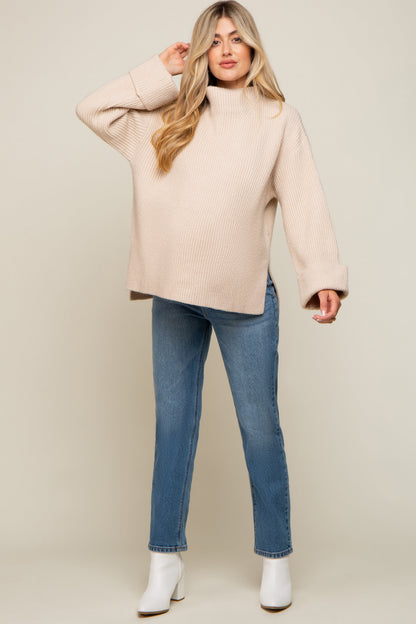 Beige Mock Neck Chunky Knit Maternity Sweater