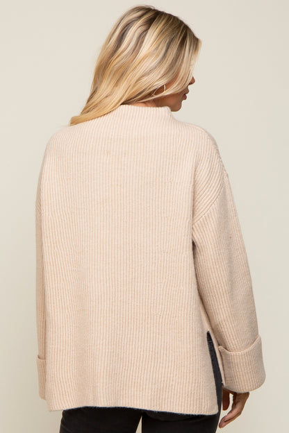 Beige Mock Neck Chunky Knit Sweater