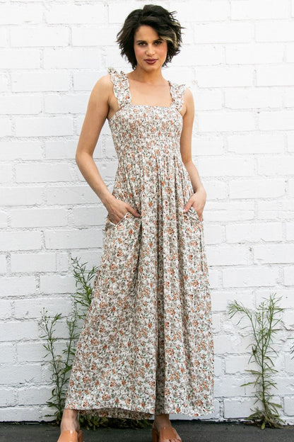 Beige Sleeveless Floral Smocked Ruffle Maternity Jumpsuit