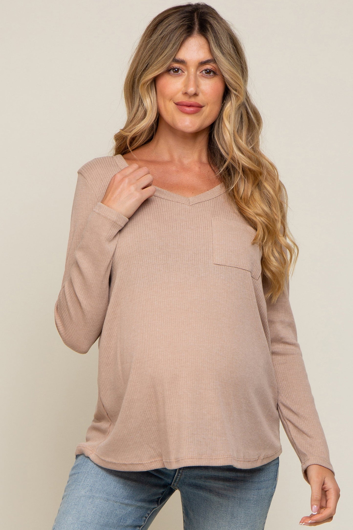 Beige Ribbed Knit Maternity Long Sleeve Top