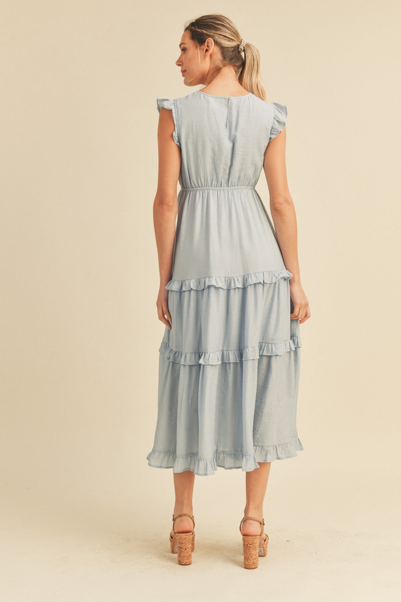 Baby Blue Smocked Ruffled Midi Dress