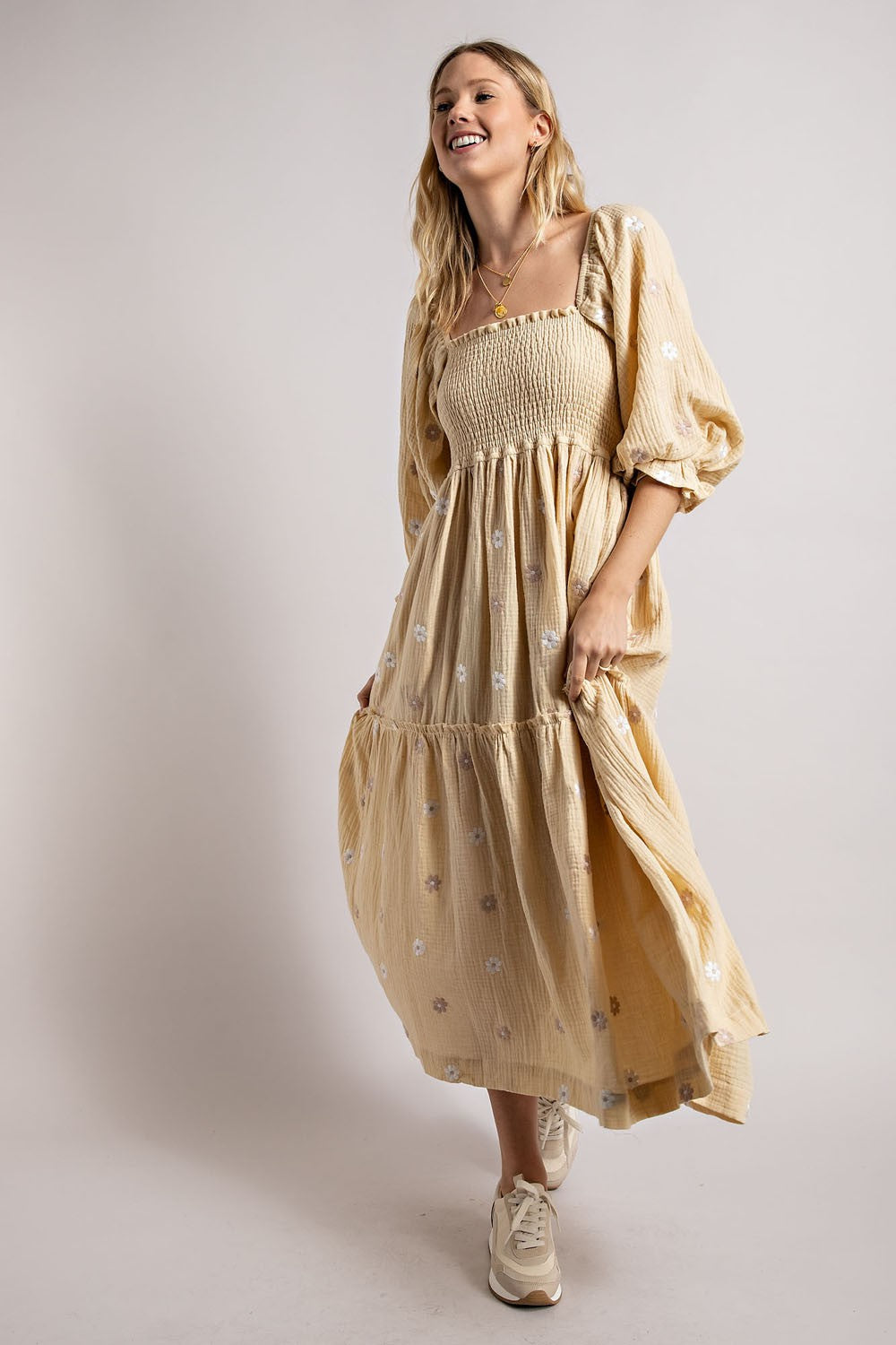 Beige Gauze Embroidery Smocking Tiered Gradient  Dress