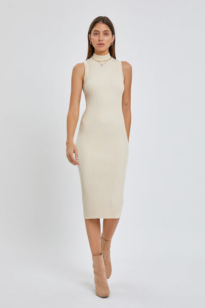 Beige Ribbed Fitted Mock Neck Dress