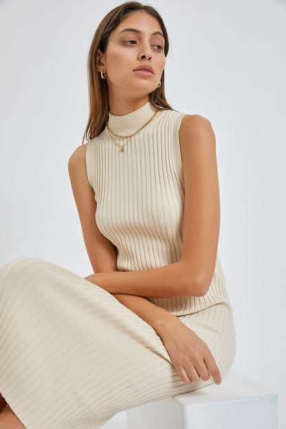 Beige Ribbed Fitted Mock Neck Dress