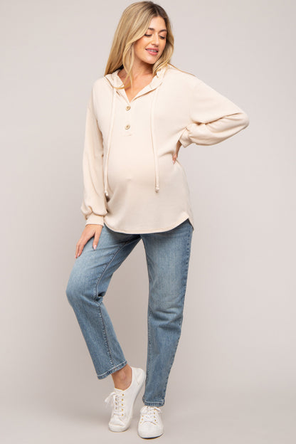 Beige Button Accent Hooded Maternity Henley Top