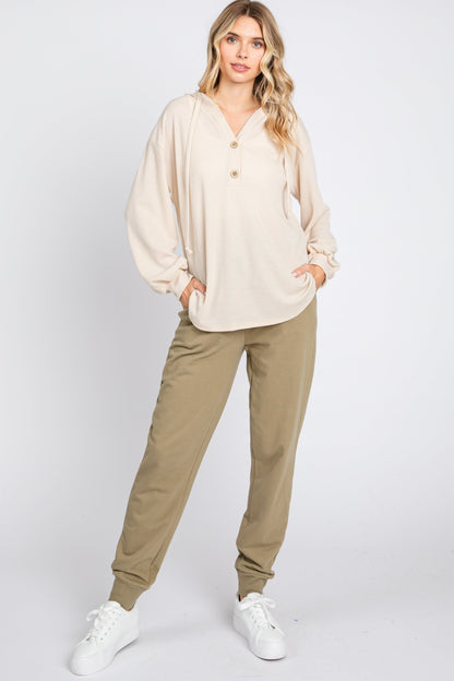 Beige Button Accent Hooded Henley Top