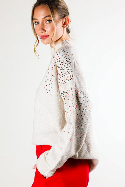 Beige Knit Sequin Mock Neck Sweater