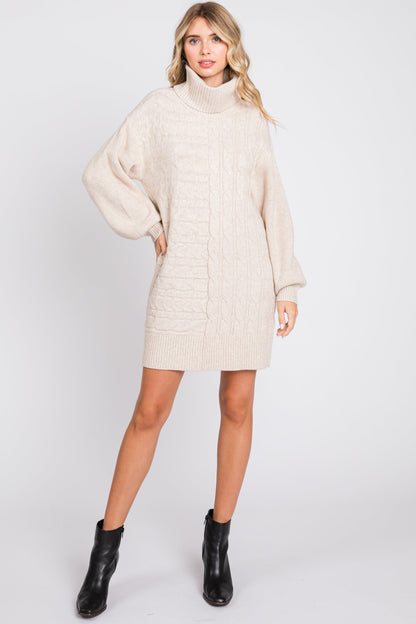 Beige Cable Knit Maternity Mini Sweater Dress