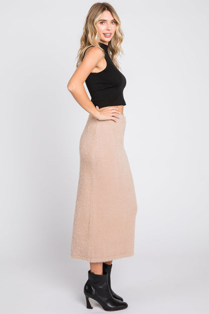 Beige Fuzzy Soft Knit Midi Skirt