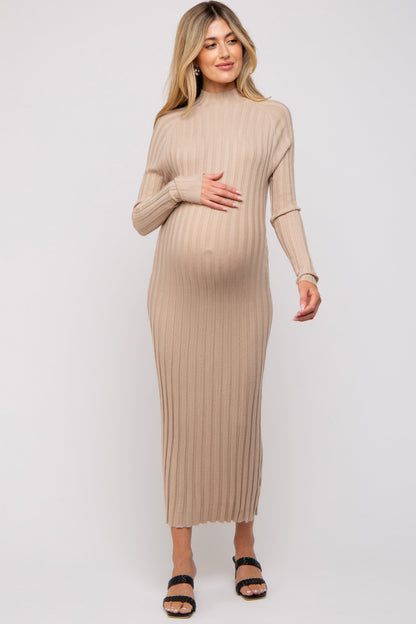 Beige Ribbed Turtle Neck Maternity Midi Dress