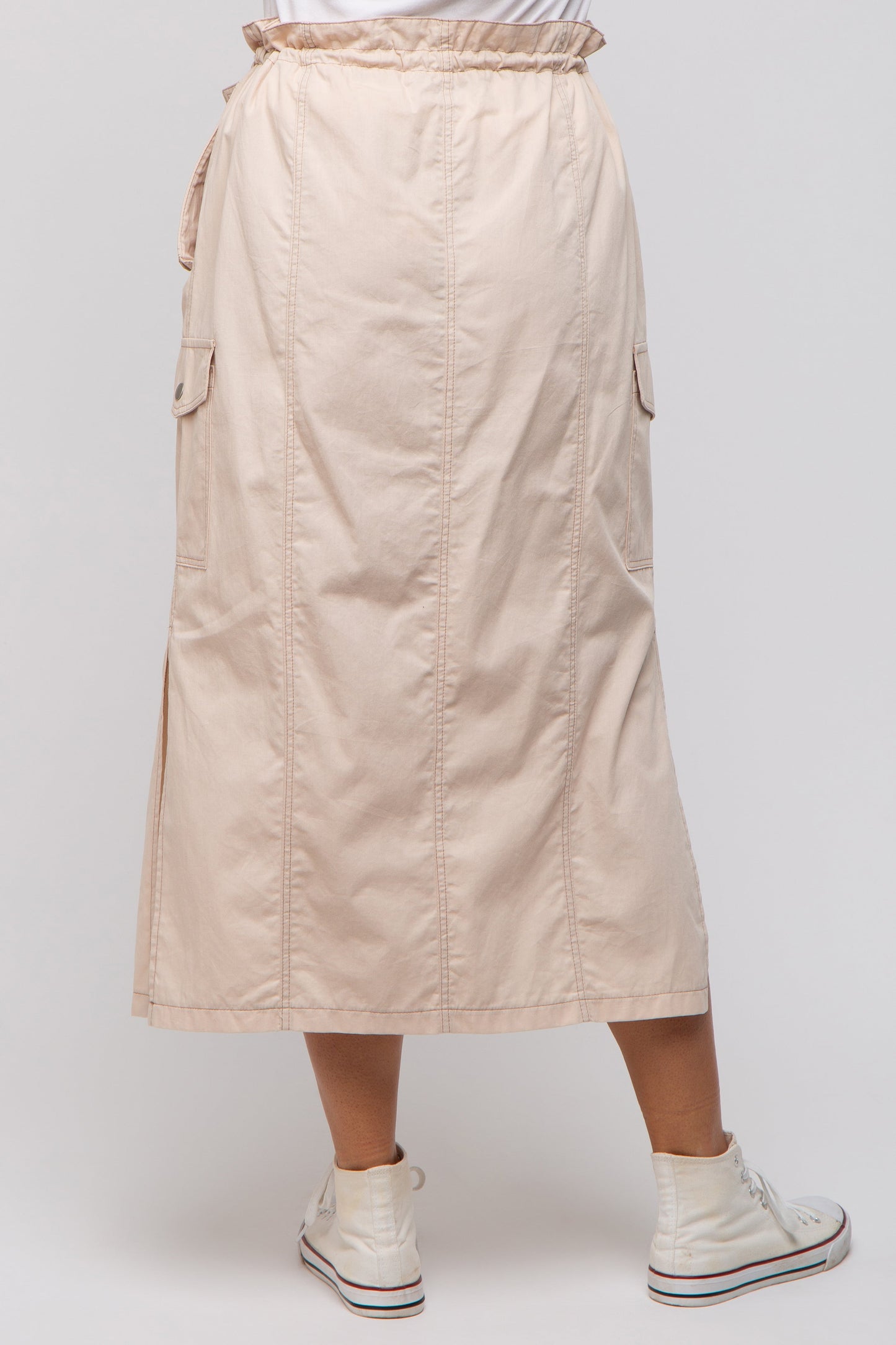 Beige Cargo Cinched Midi Skirt