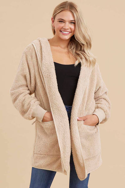 Beige Fuzzy Knit Hooded Maternity Jacket