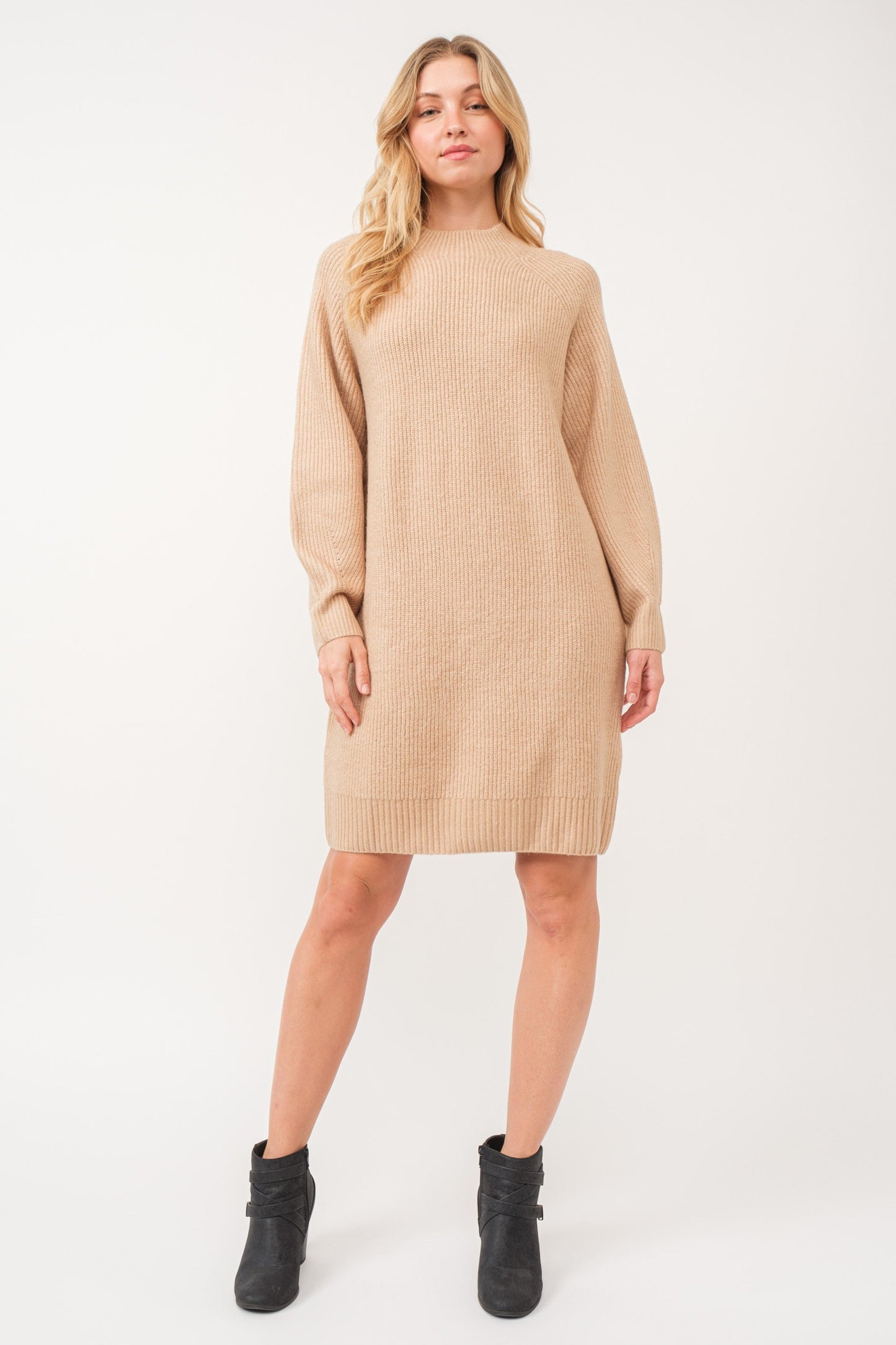 Beige Mock Neck Maternity Sweater Dress