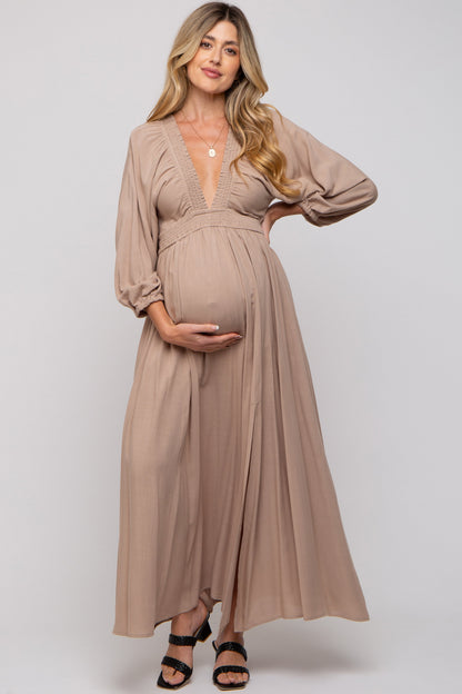 Beige Deep V-Neck Smocked Waist Maternity Maxi Dress