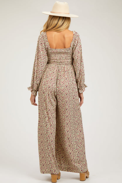 Beige Floral Smocked Wide Leg Maternity Jumpsuit