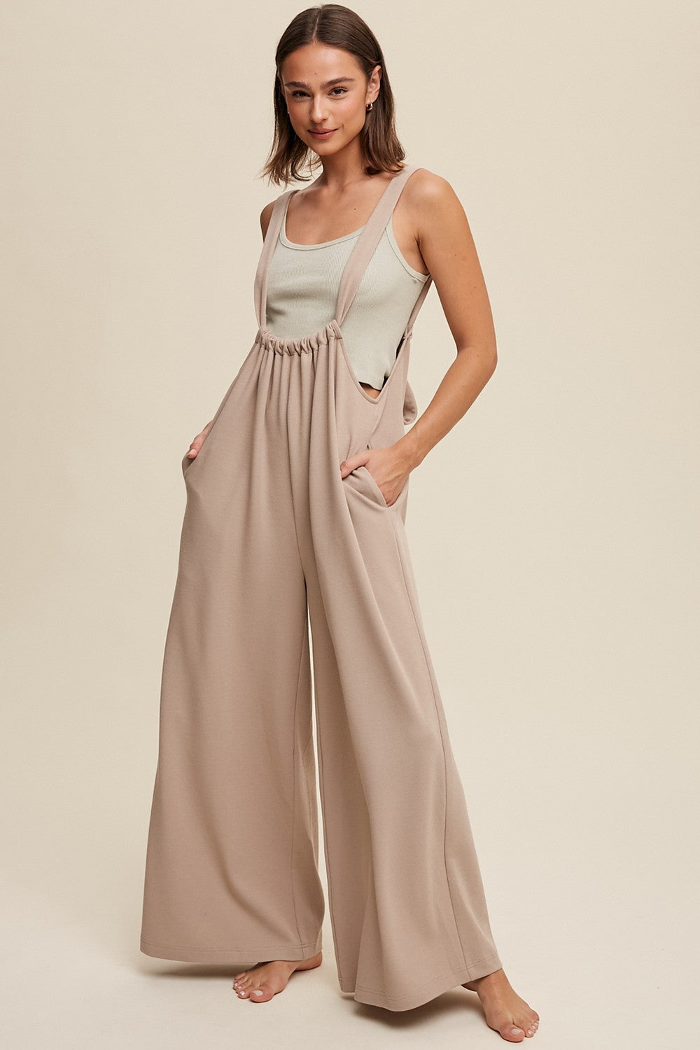 Beige Ribbed Drawstring Wide Leg Maternity Jumpsuit