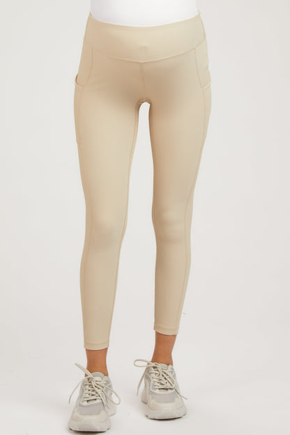 Beige Ribbed Maternity Active Leggings
