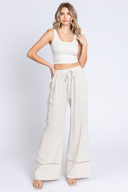 Beige Linen Wide Leg Lace Trim Maternity Pants