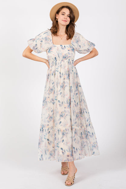 Beige Puff Sleeve Square Neck Dress