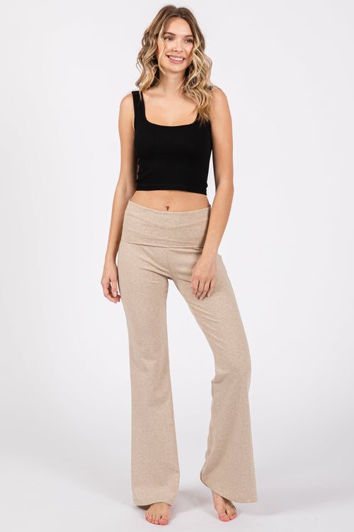 Beige Heathered Flare Leg Fold Over Leggings