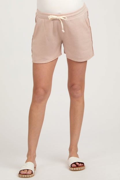 Beige Faded Wash Maternity Drawstring Shorts
