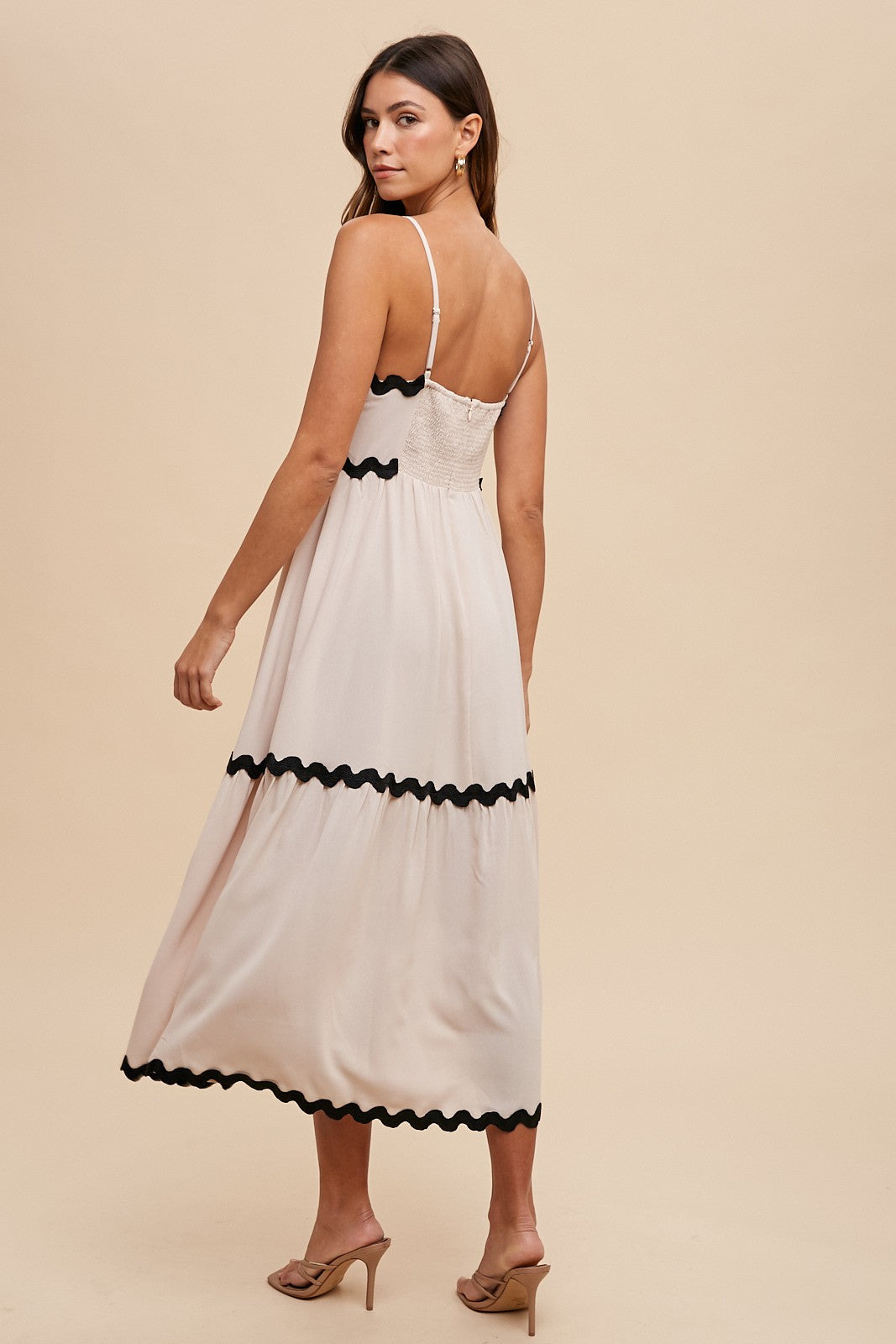 Beige Ric Rac Trim Tiered Midi Dress