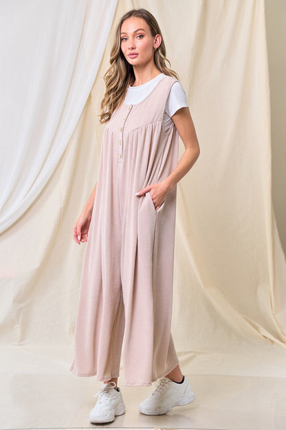 Beige Ribbed Sleeveless Button Front Jumpsuit