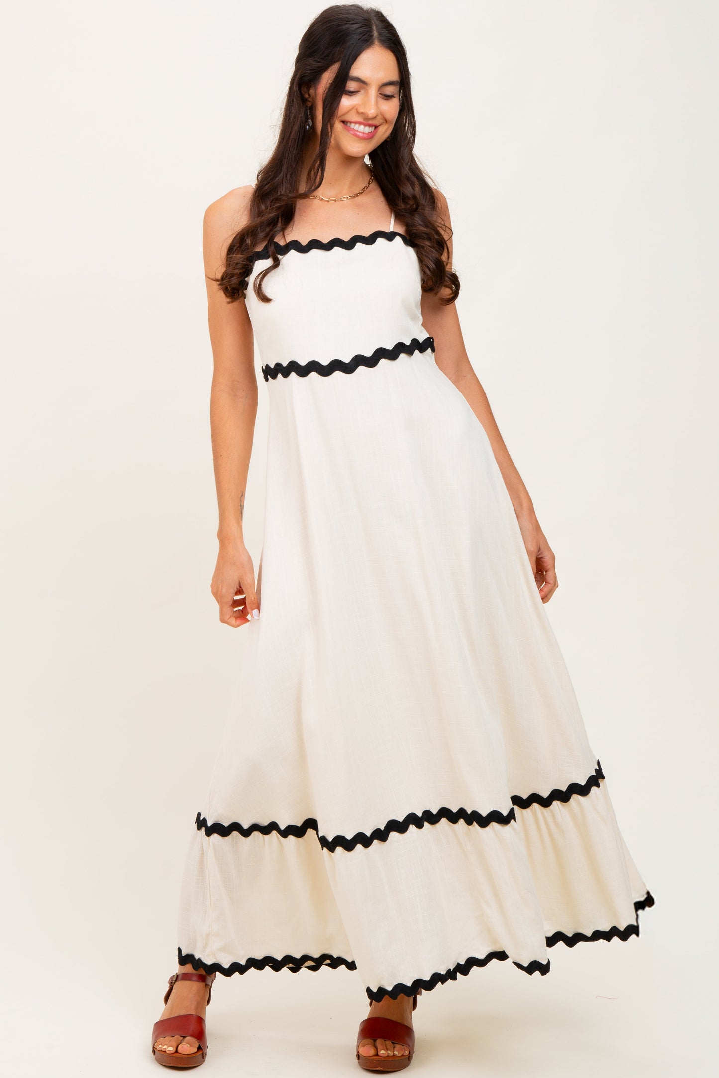 Beige Colorblock Trim Midi Dress