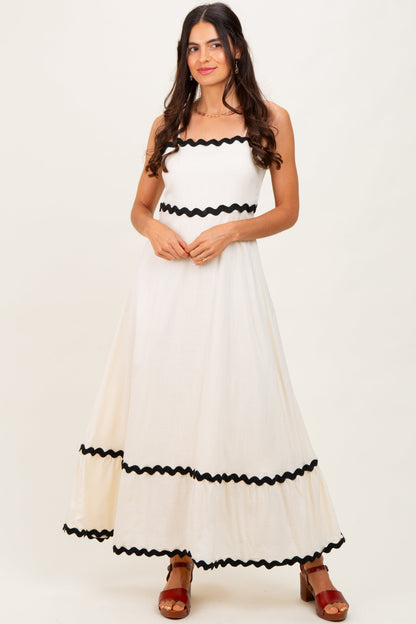 Beige Colorblock Trim Midi Dress