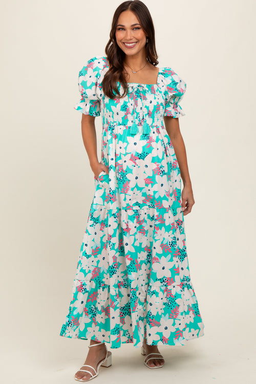 Aqua Floral Puff Sleeve Maternity Maxi Dress