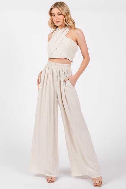 Beige Linen Smocked Top and Pants Set