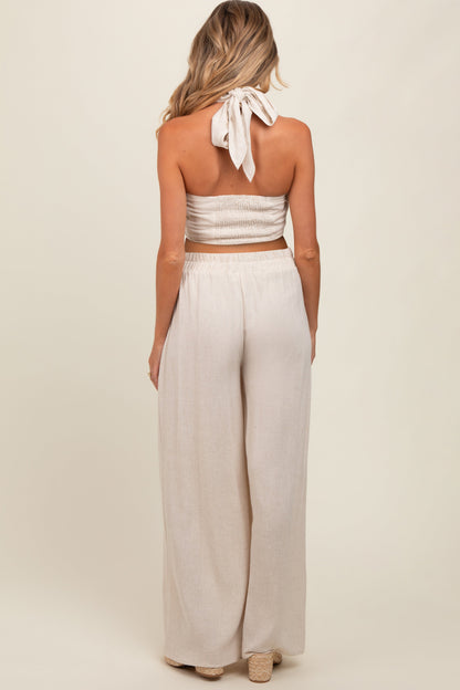 Beige Linen Smocked Top and Pants Maternity Set