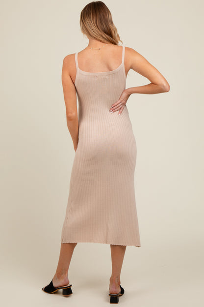 Beige Square Neck Ribbed Sleeveless Maternity Midi Dress