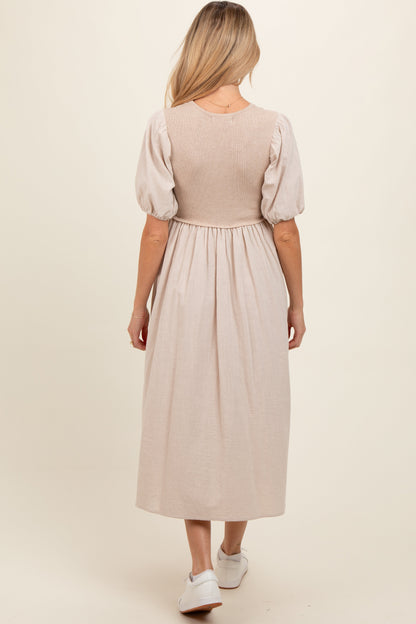 Beige Ribbed Bodice Puff Sleeve Maternity Midi Dress