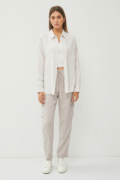 Beige Striped Basic Button Down Top