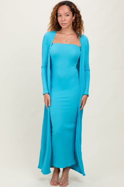 Aqua Ribbed Sleeveless Dress Cardigan Set