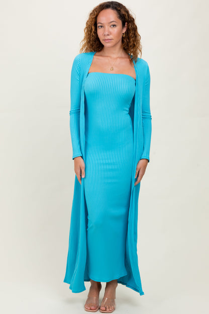 Aqua Ribbed Sleeveless Dress Cardigan Maternity Set