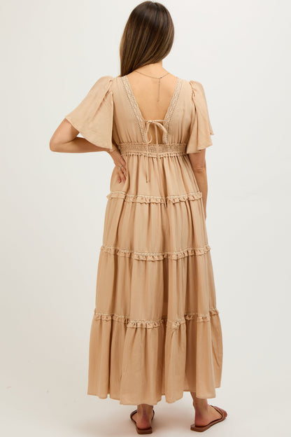 Beige Crochet Lace Tiered Maternity Maxi Dress