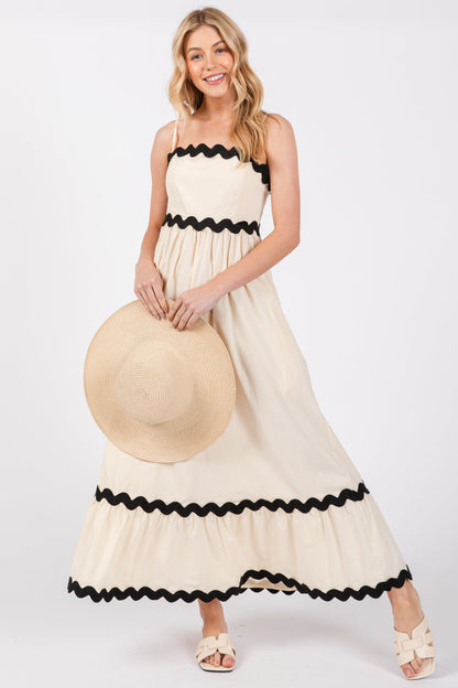 Beige Contrast Wavy Trim Maternity Maxi Dress
