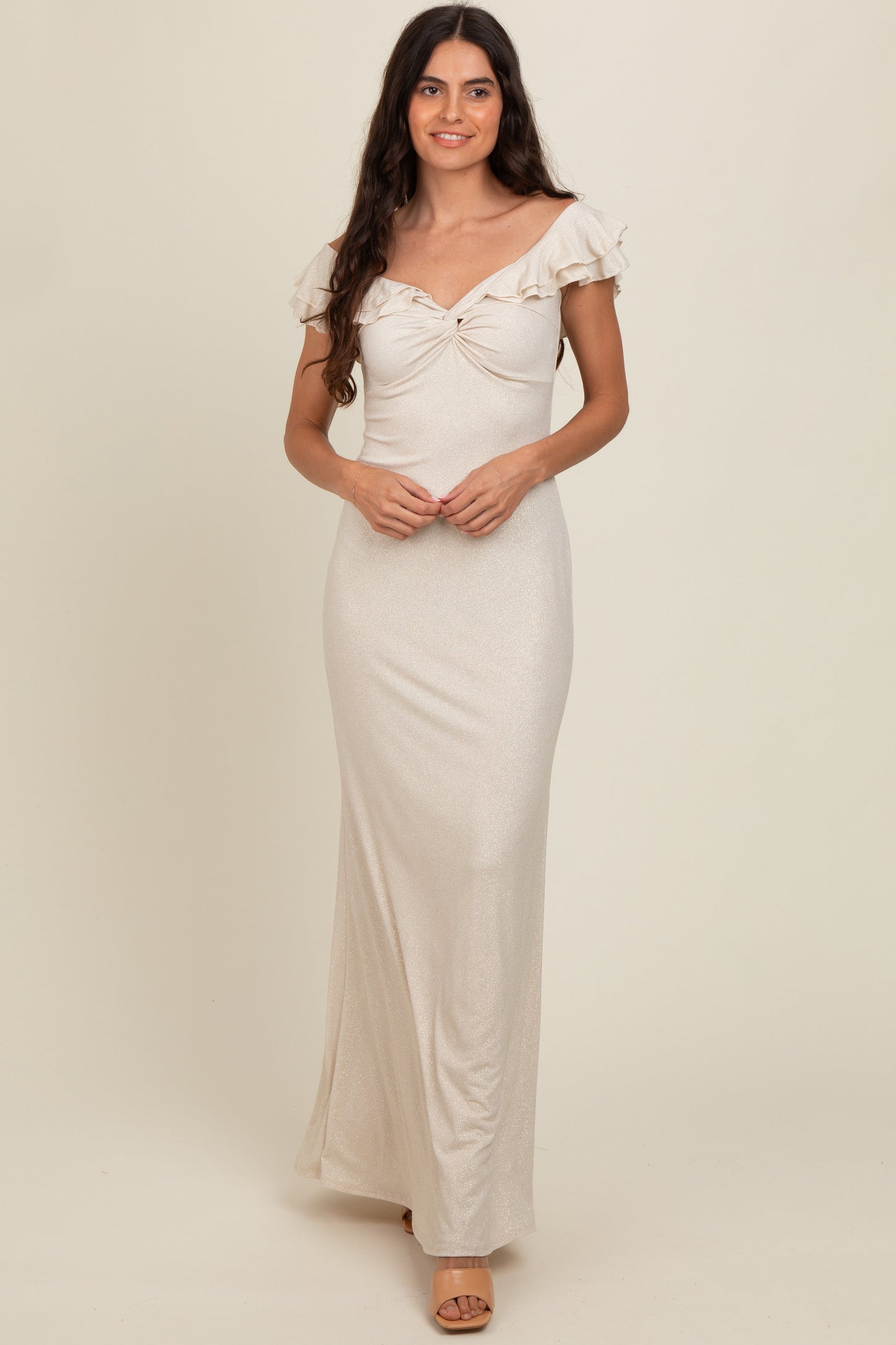 Beige Glitter Sweetheart Neck Ruffle Off Shoulder Maxi Dress