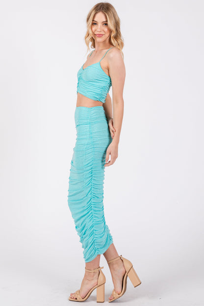 Aqua Rhinestone Crop Top and Skirt Set