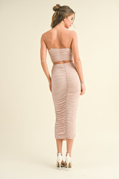 Beige Rhinestone Crop Top and Skirt Set
