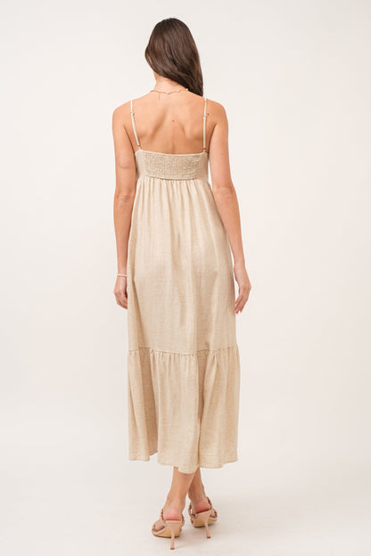 Beige Linen Front Cinch Midi Dress