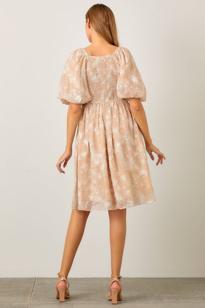 Beige Floral Embroidered Short Puff Sleeve Dress