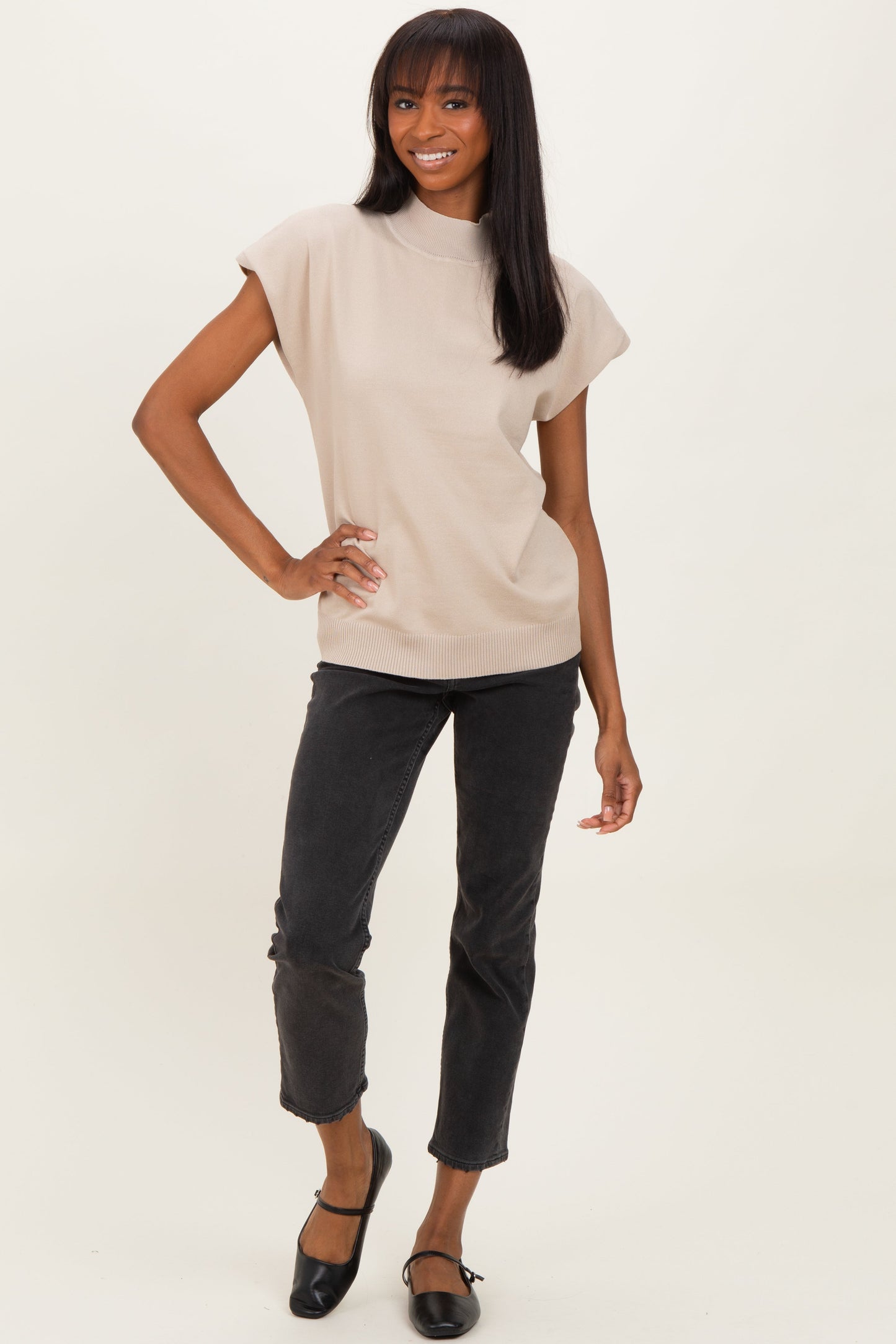 Beige Mock Neck Knit Top
