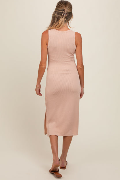 Beige Sleeveless Ribbed Maternity Midi Dress