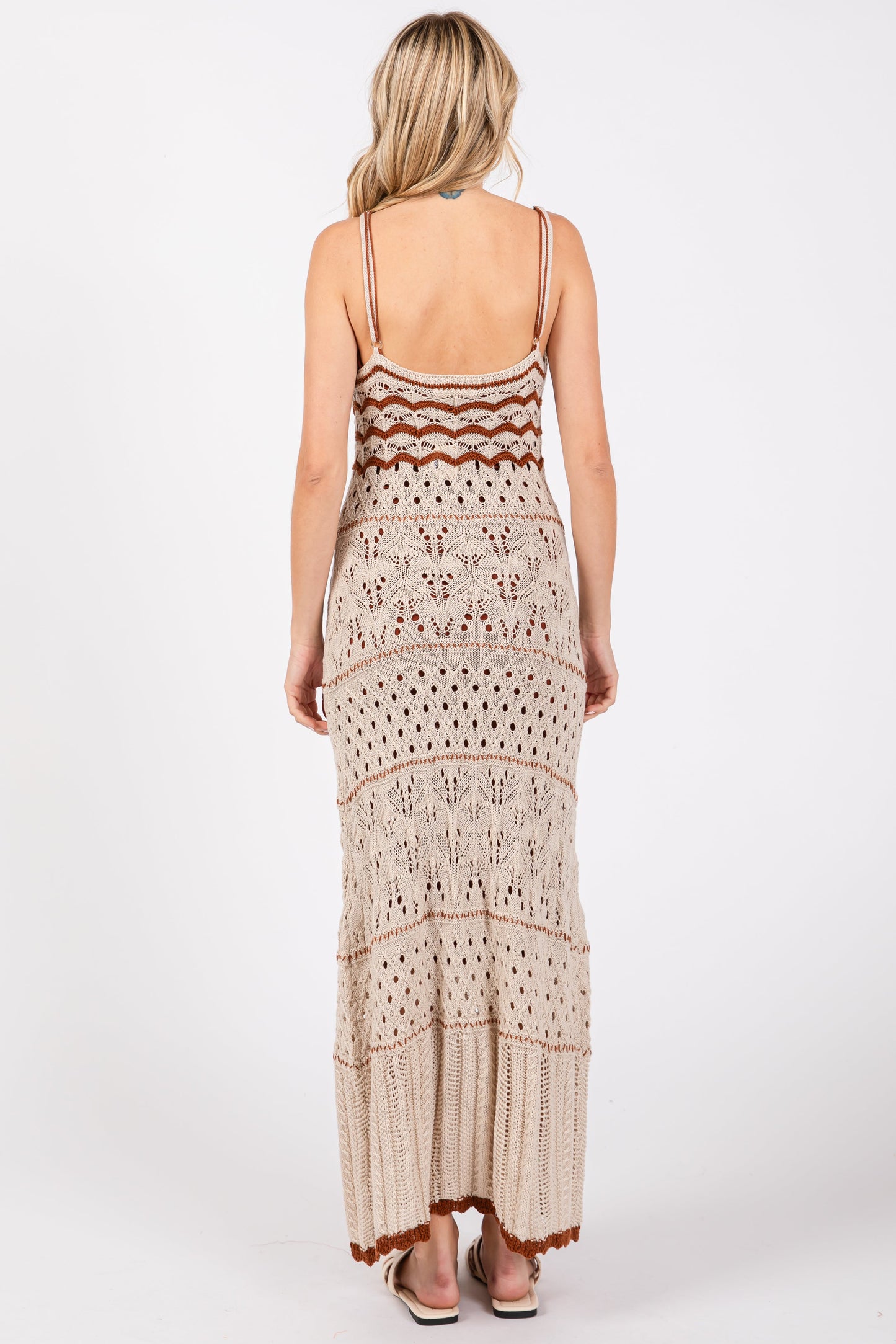 Beige Contrast Trim Crochet Maxi Swim Cover Up