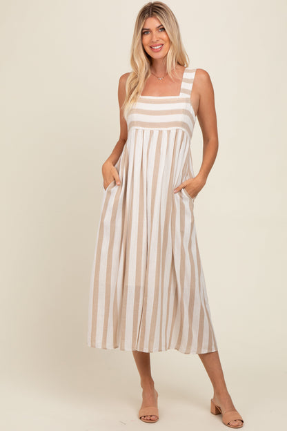 Beige Striped Wide Strap Midi Dress